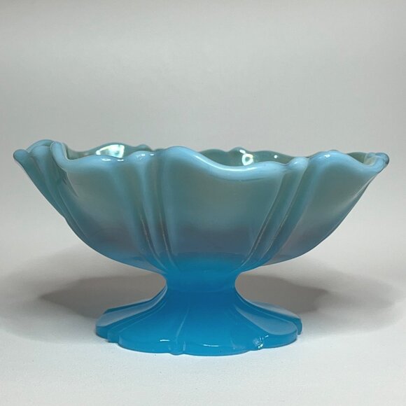 Turquoise/Blue Footed Glass Shallow Ruffled Edge Vintage Bowl - Picture 9 of 10